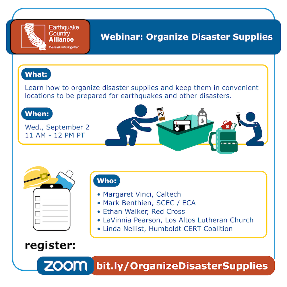 Step 3 webinar graphic showing a parent and child organizing emergency supplies, with information about the webinar