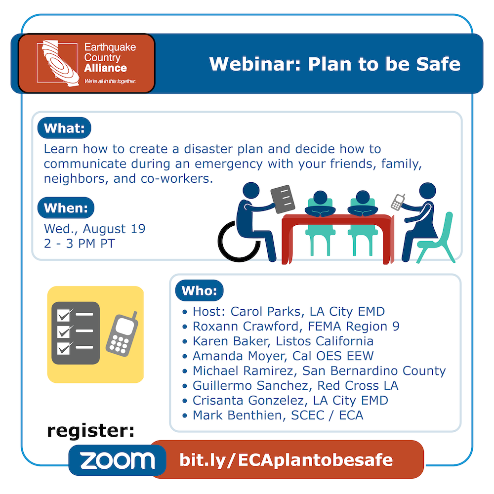 Step 2 webinar graphic showing a family discussing their emergency plans, while workers retrofit the foundation of their home, with information about the webinar